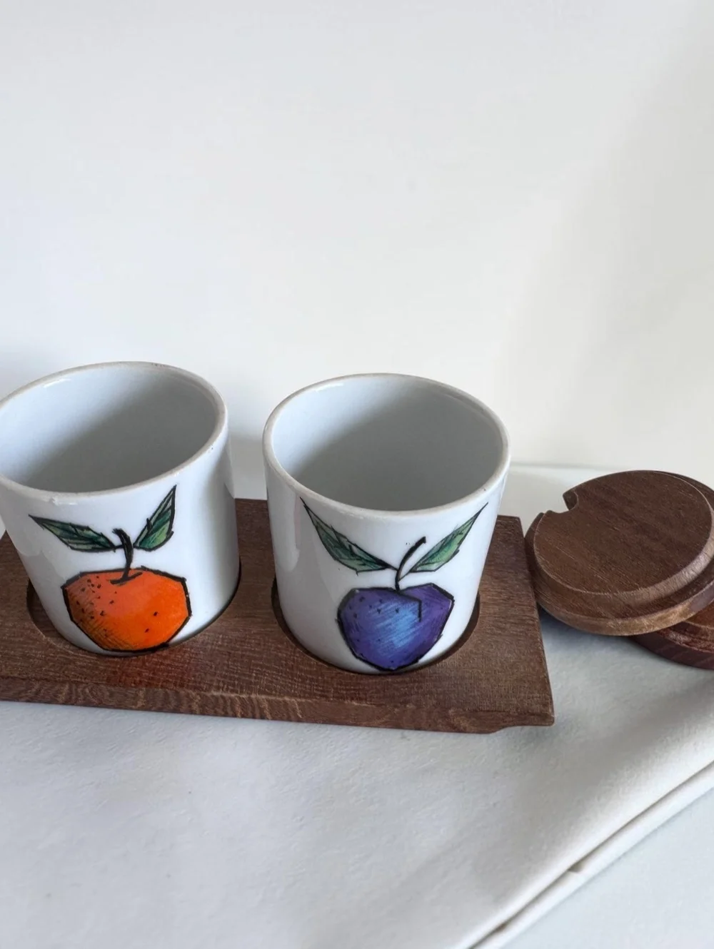 Vintage Japan Fruit Condiment Jars Set of 2 Ceramic Wood Lids & Holder MCM